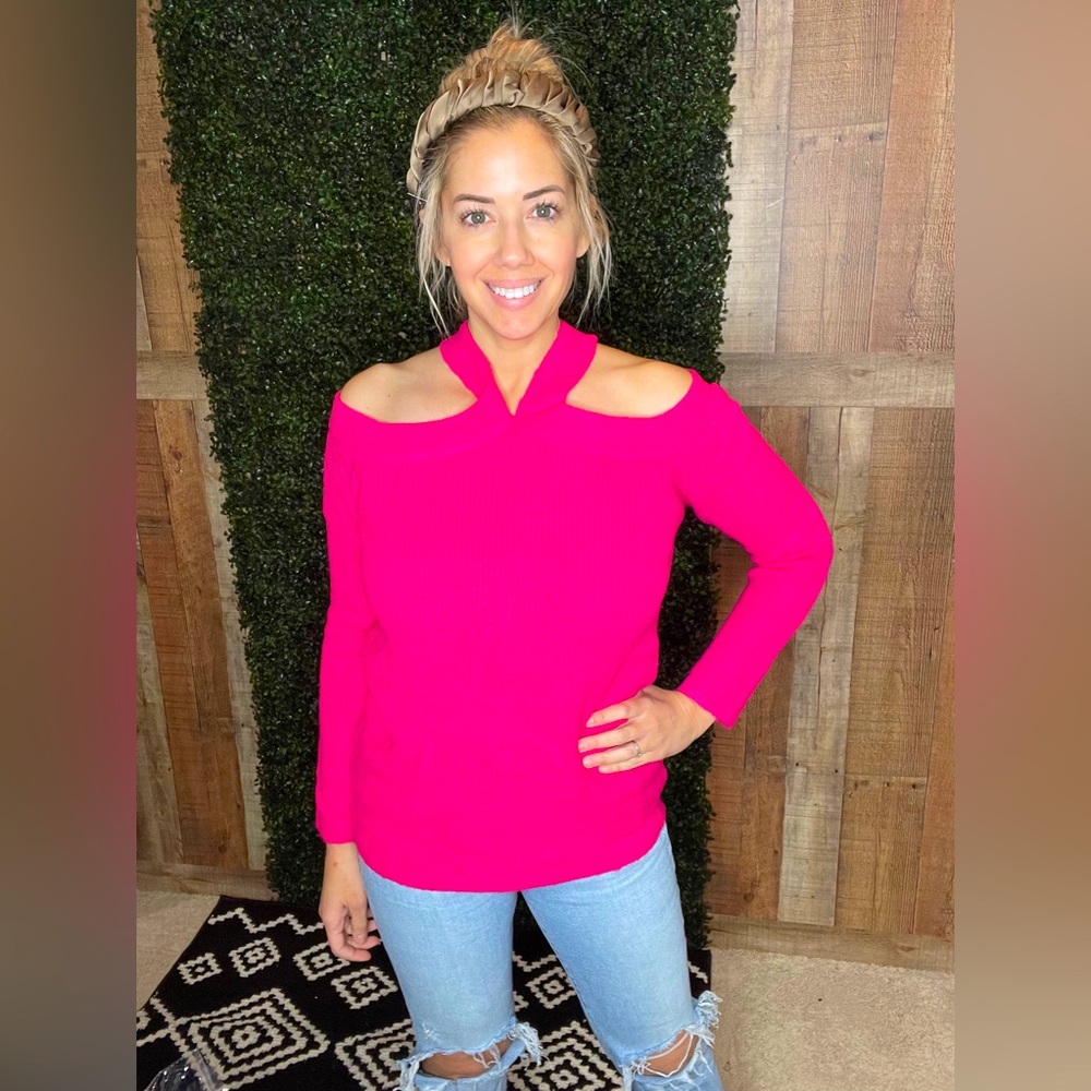 Hot Pink Cold Shoulder Sweater